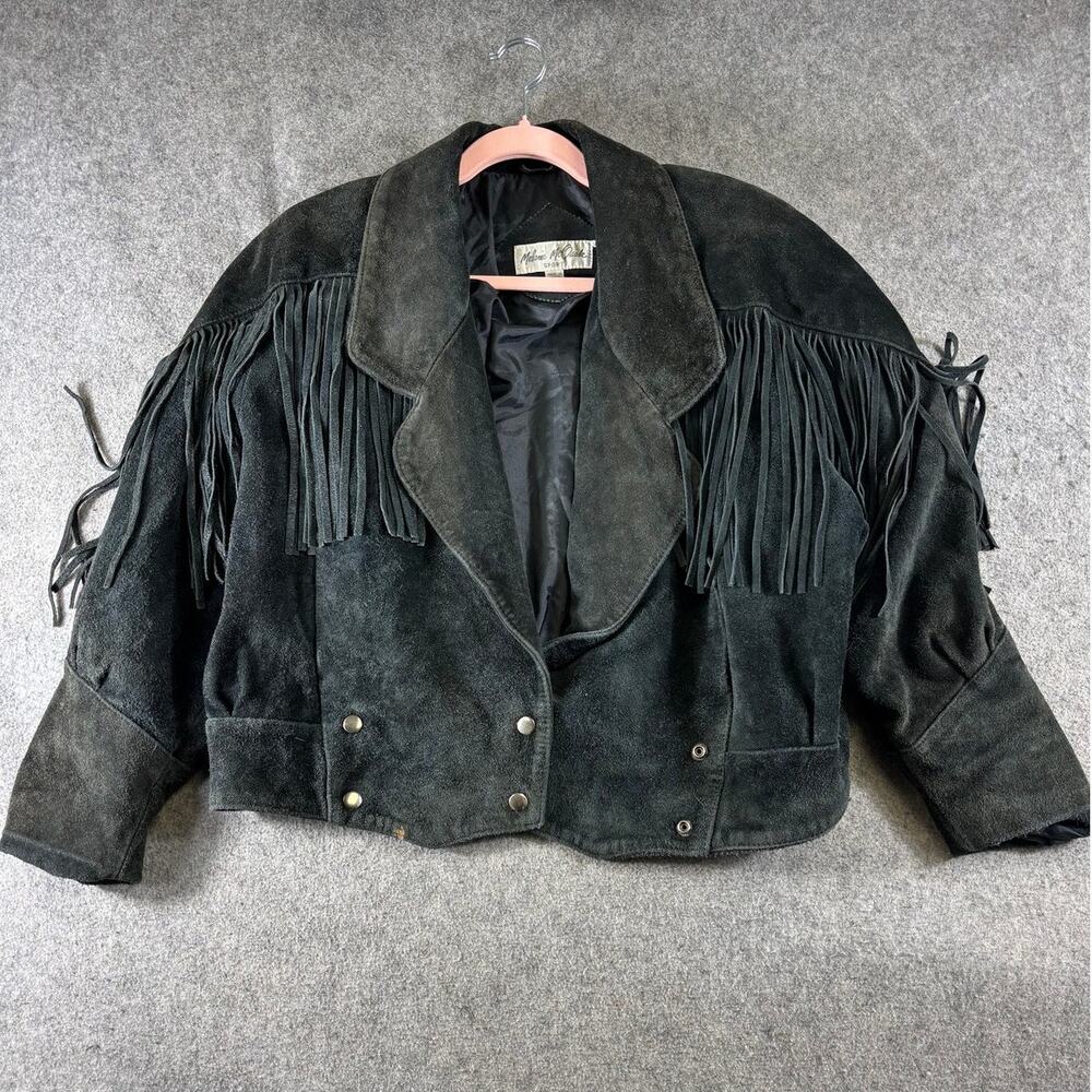VTG 90s Melanie McQuade Suede Jacket Womens Large Black Cropped Fringed Western